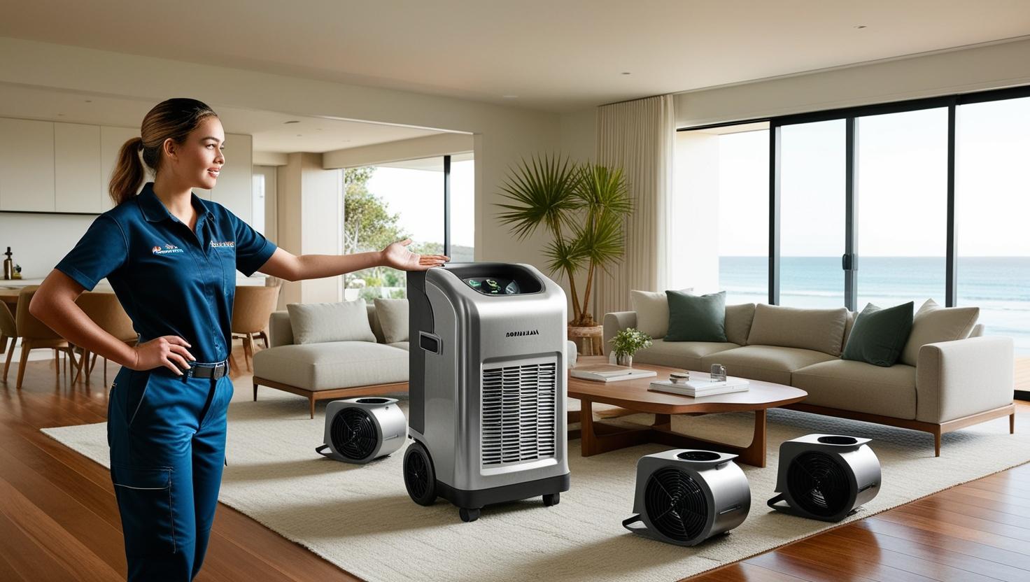 Woman demonstrating commercial dehumidifiers in a modern living room with large windows and ocean view Woman demonstrating commercial dehumidifiers in a modern living room with large windows and ocean view
